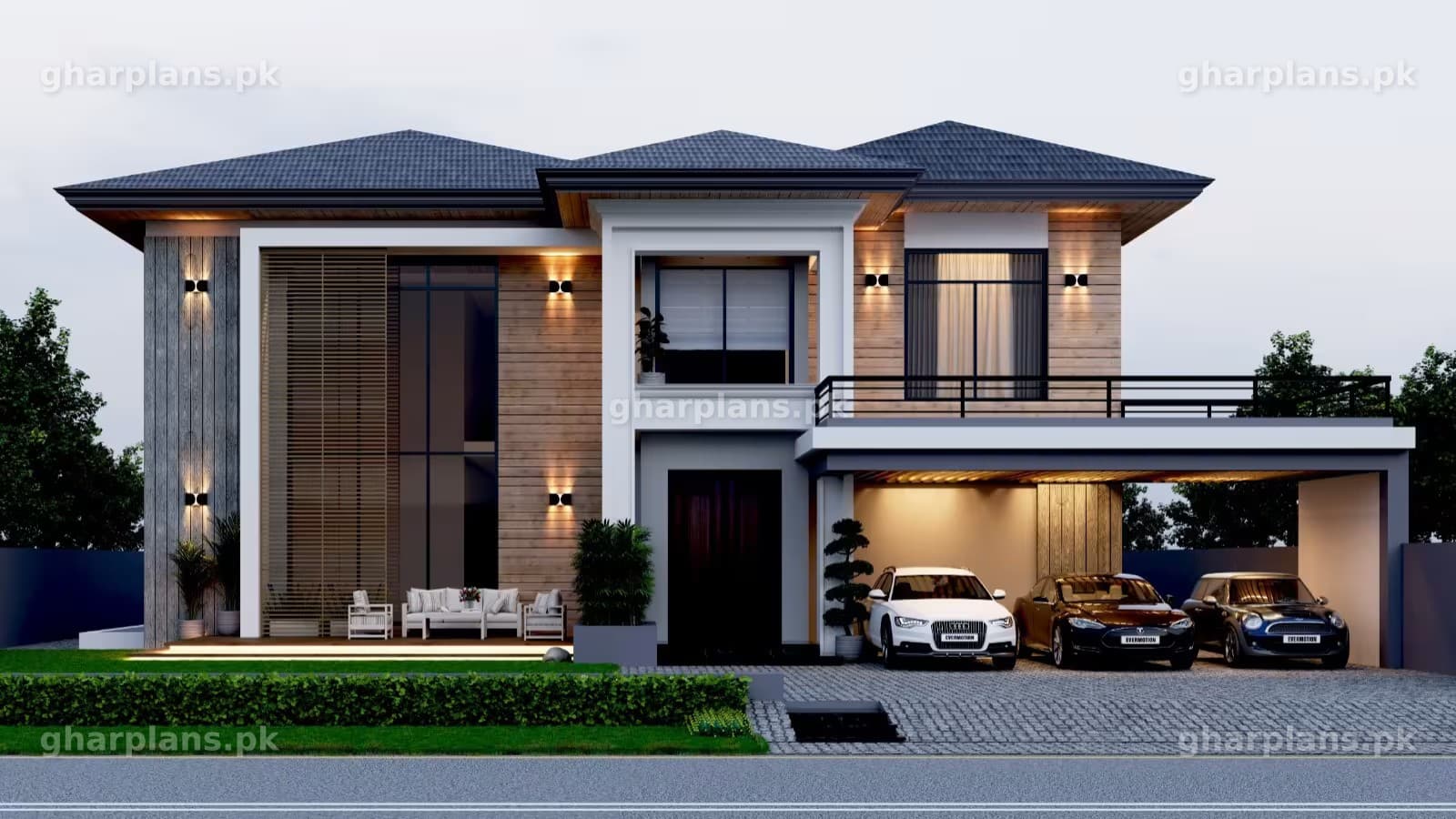 3D front elevation of a modern 2 kanal house design on a 76 x 120 plot with 6 bedrooms – Ghar Plans