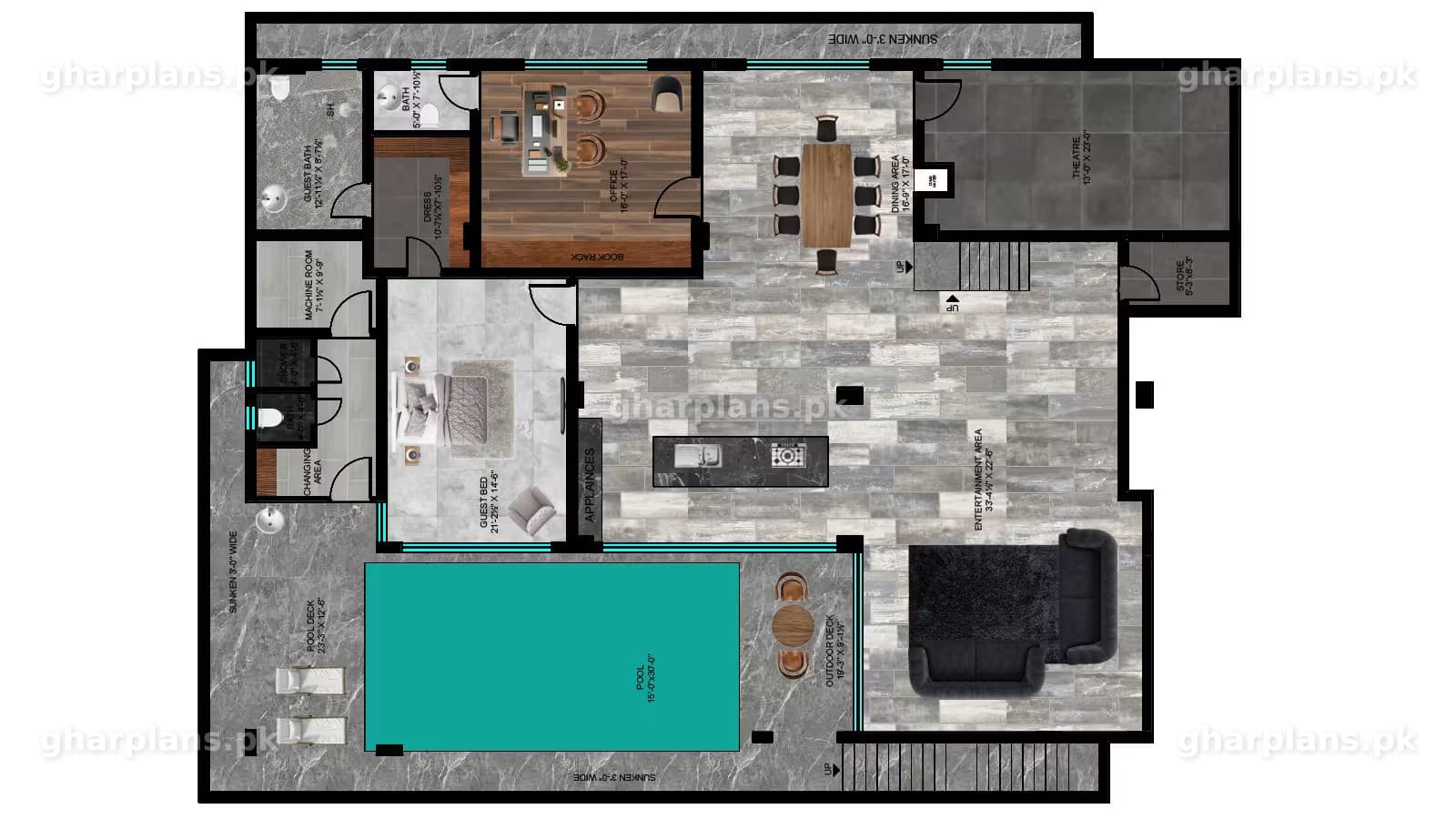 2 kanal house design by Ghar Plans for a 76 x 120 plot: 6 bedrooms, 9 bathrooms, 13,704 sq ft over four levels