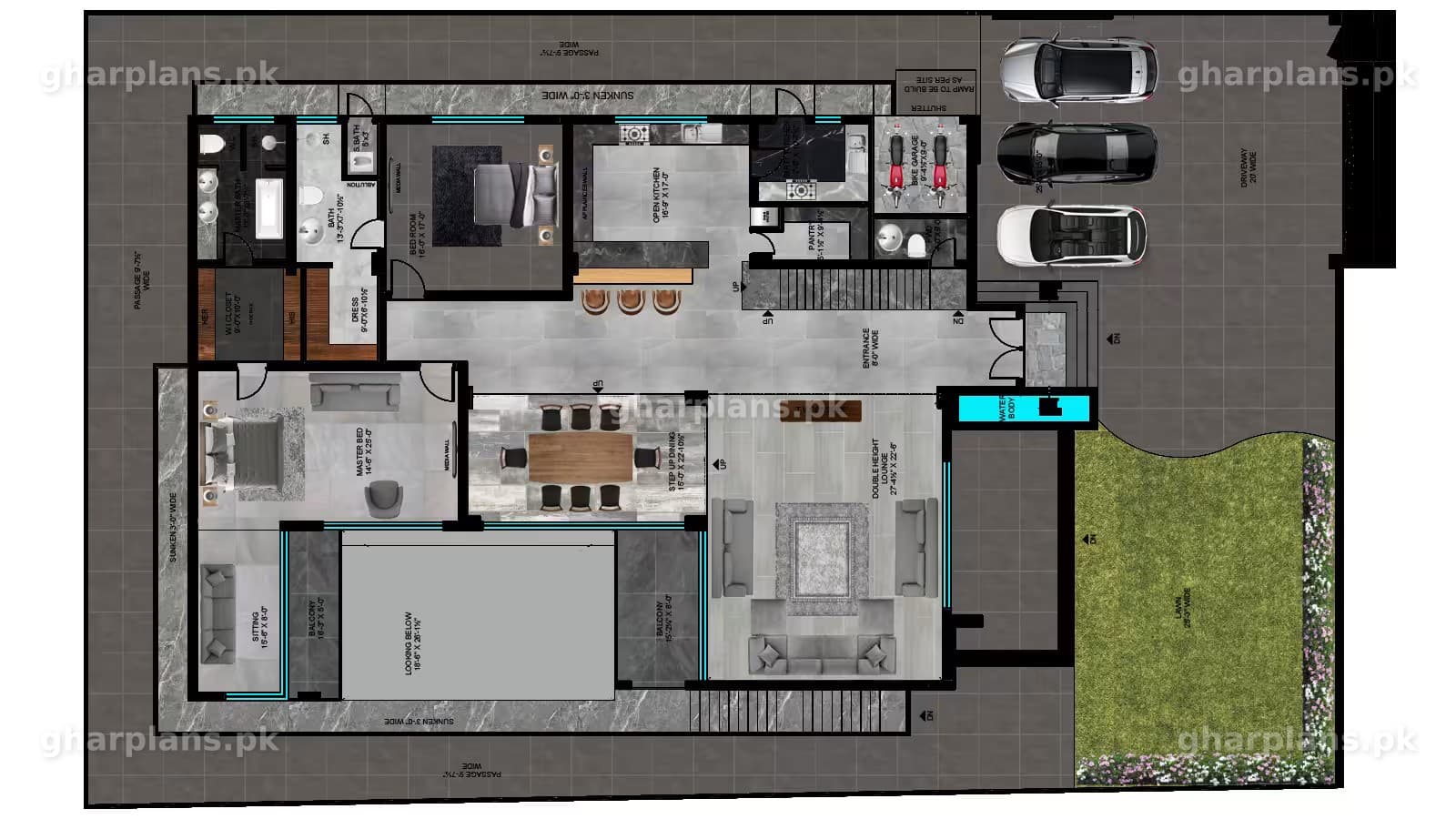 Ground floor layout plan of a modern 2 kanal house design on a 76 x 120 plot