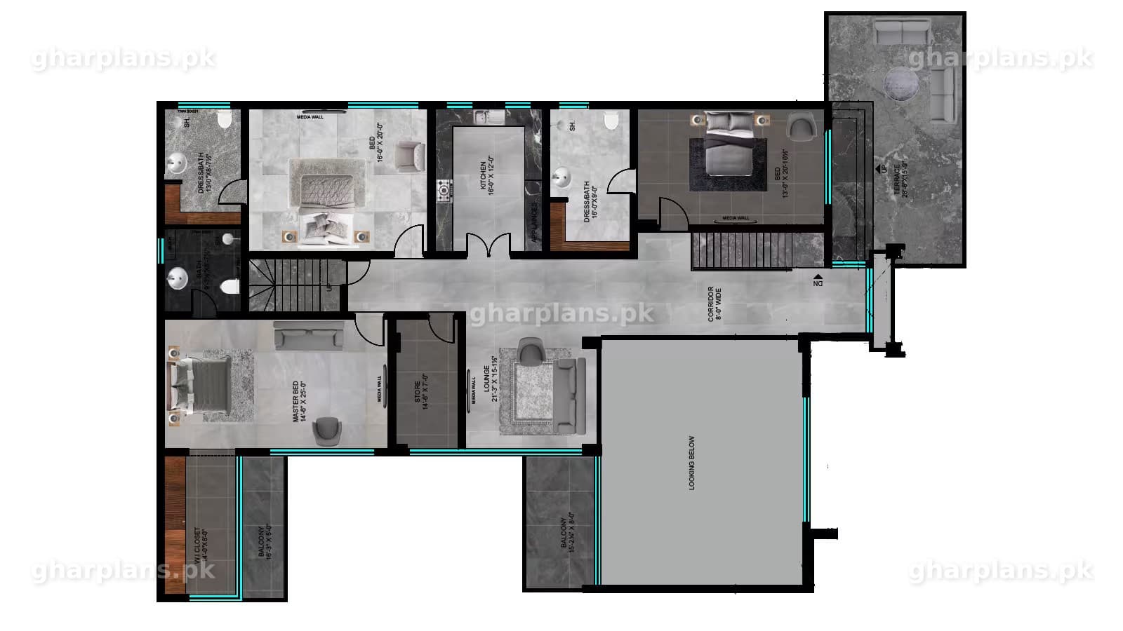 First floor plan of a 2 kanal house plan with 6 bedrooms and 9 bathrooms on a 76 x 120 plot