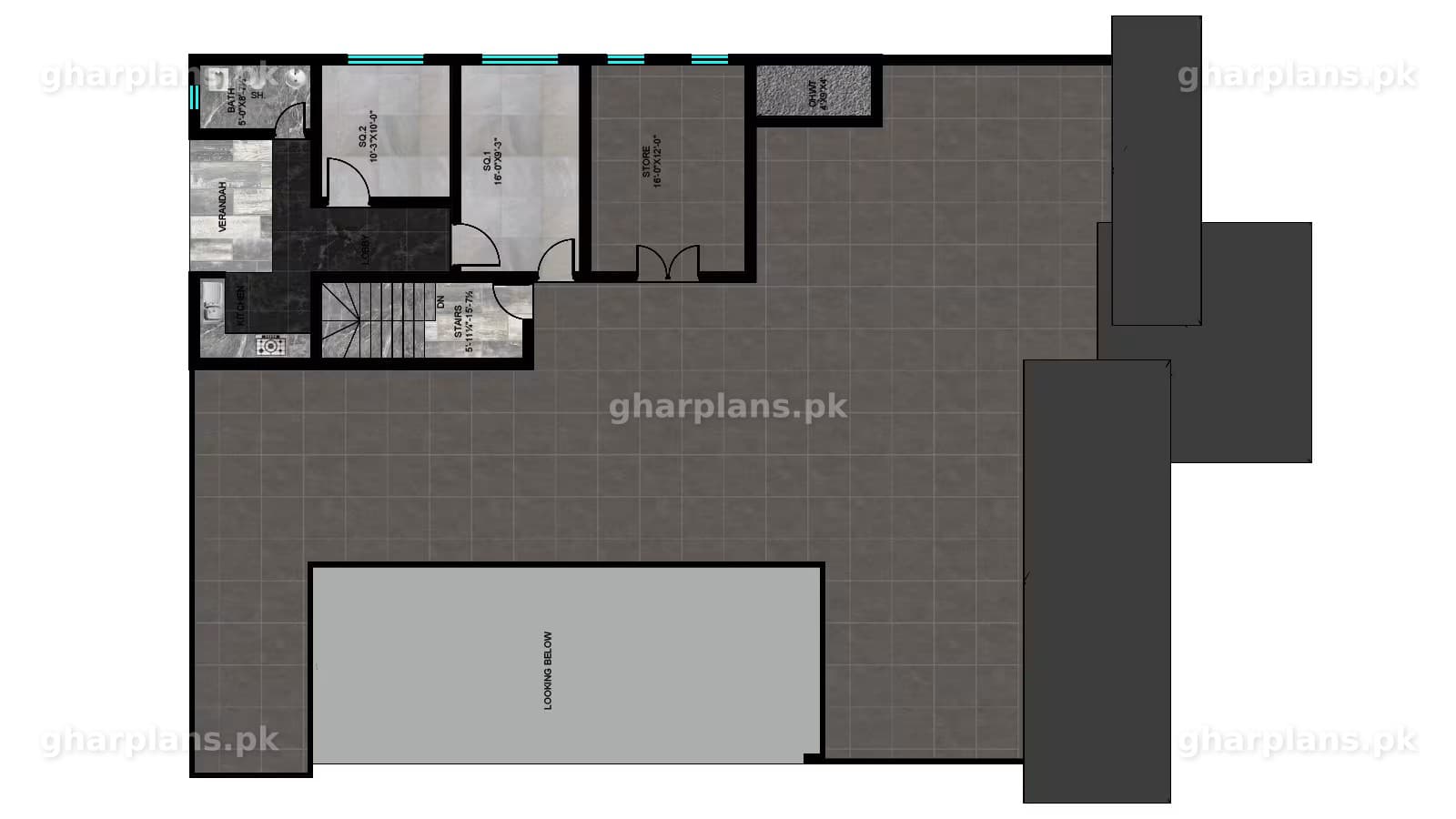 Roof plan of a four-level 2 kanal house design for a 76 x 120 plot by Ghar Plans