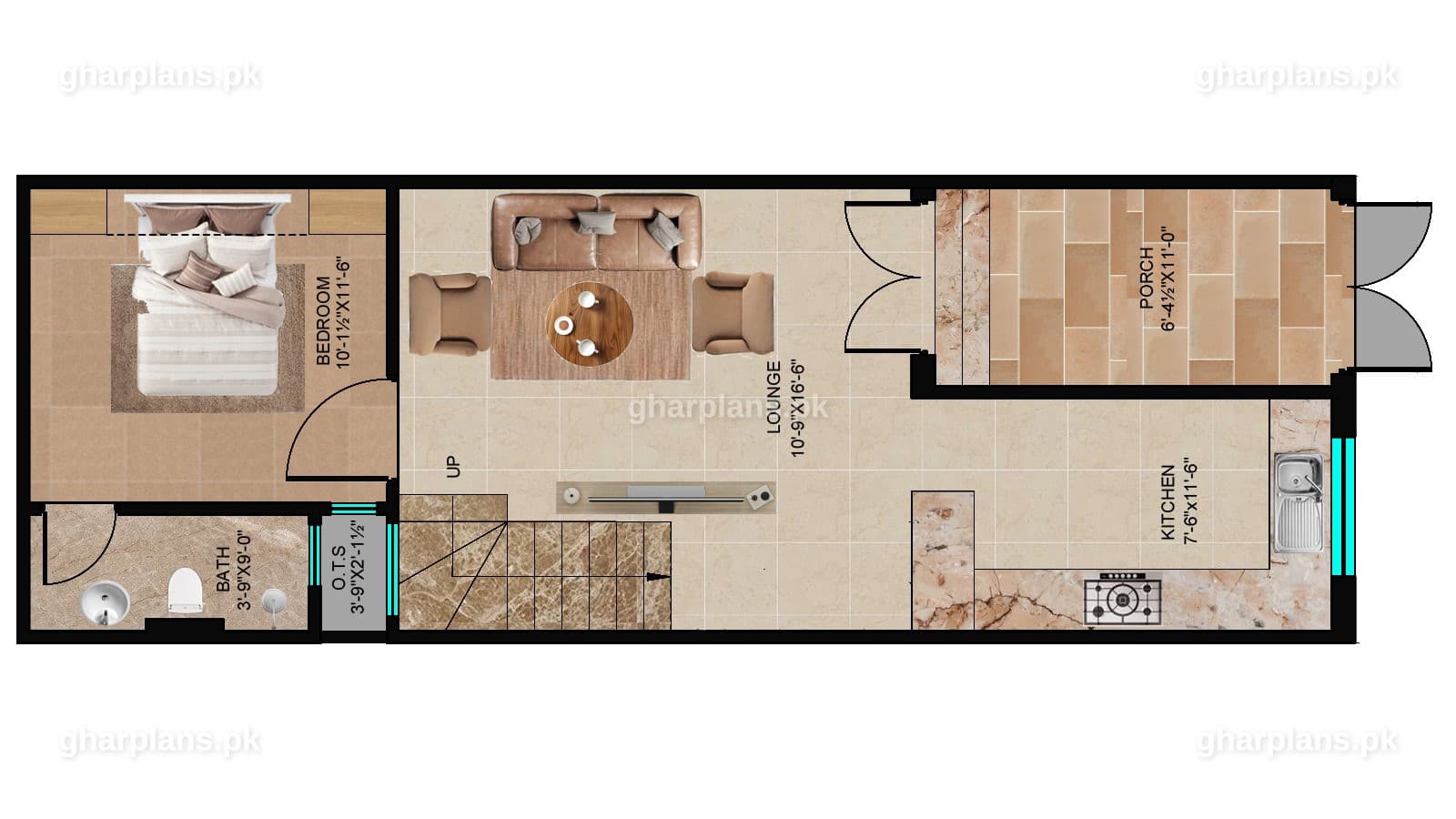 3 marla house naksha ground floor: porch, open kitchen, lounge, staircase, bedroom with attached bath and O.T.S on a 15x45 plot