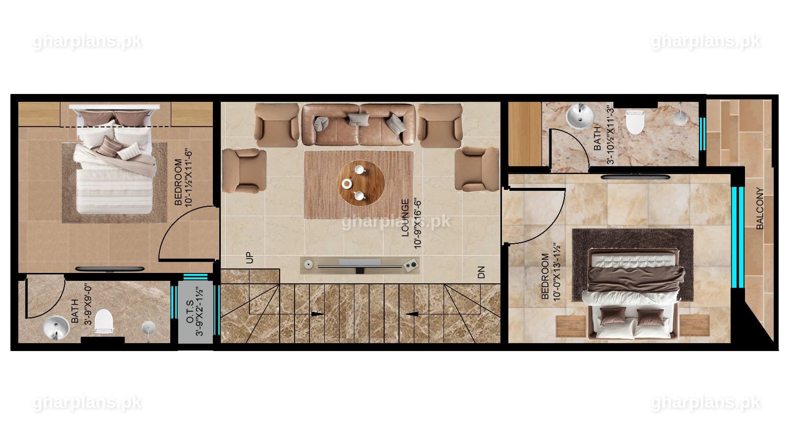 First floor of a 3 marla home design: family lounge, 2 bedrooms with attached baths, front balcony and O.T.S