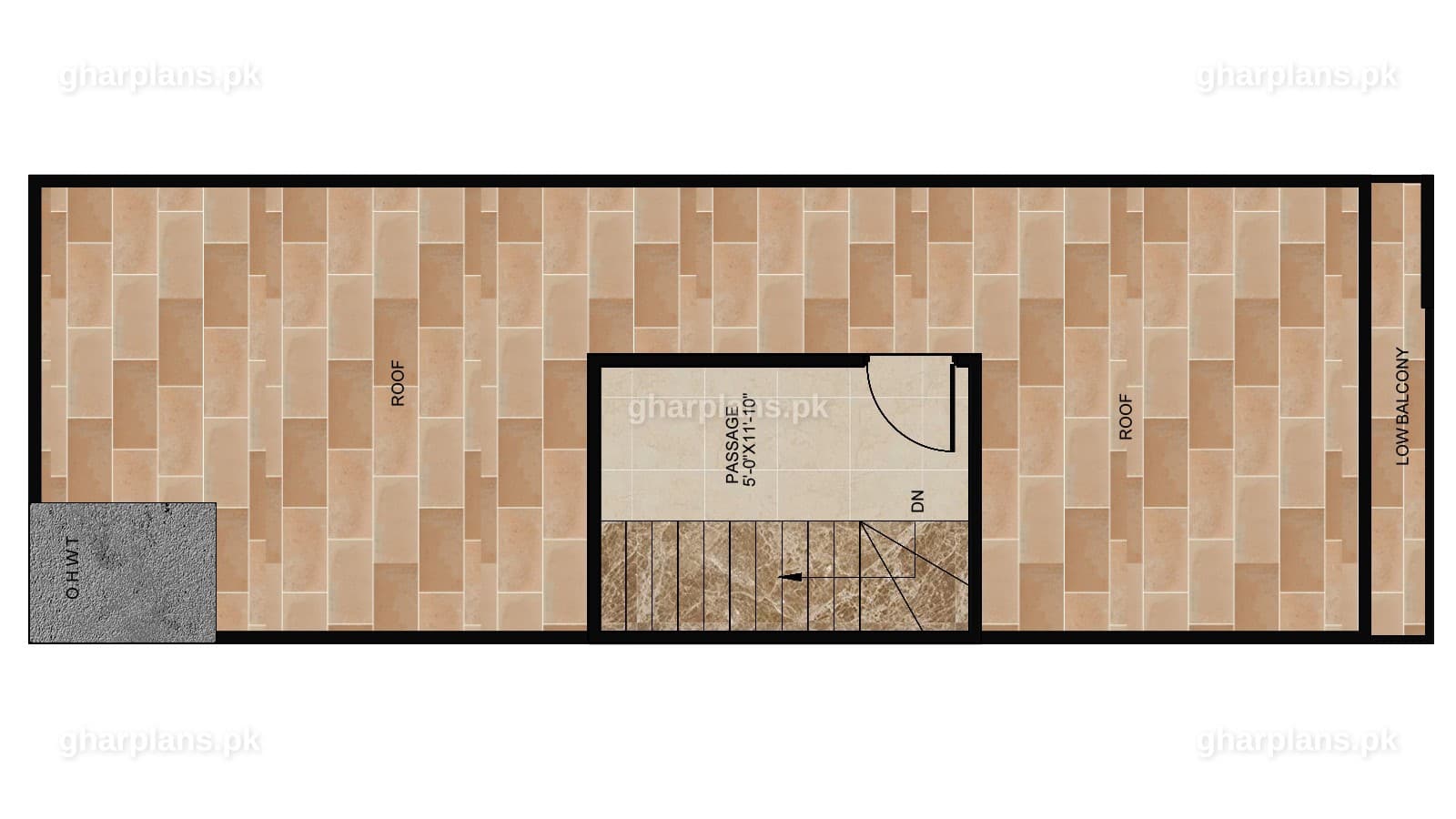 Roof plan of a 3 marla house naksha: mumty with stair passage, open roof terrace, overhead water tank and low front balcony