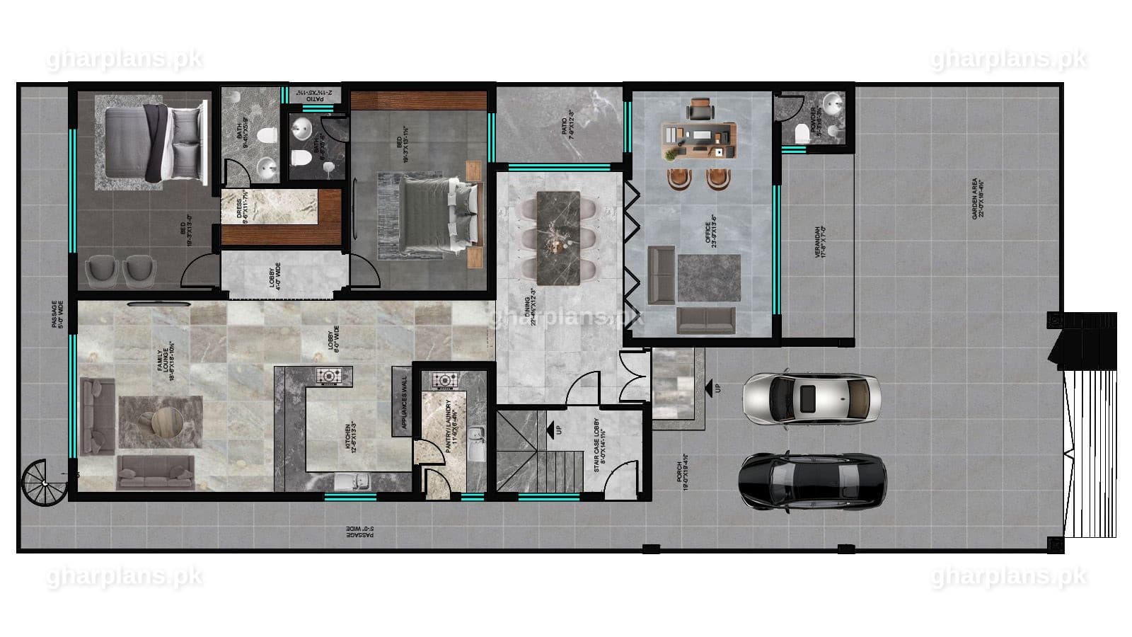 Ground floor plan of a 20 marla, 5 bedroom house showing 2 bedrooms, lounge, 2 kitchens and powder room