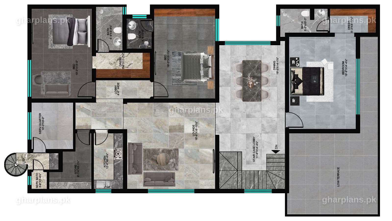 First floor plan of a 20 marla, 5 bedroom house showing 3 bedrooms, kitchen, store, lounge and terrace
