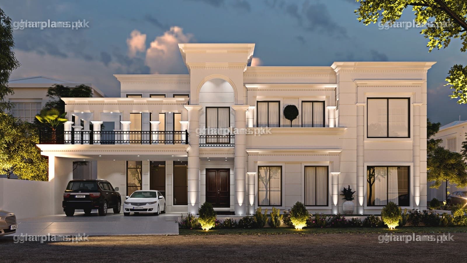 Classical front elevation of a big house in Pakistan with Doric columns, arches, grooves and black wrought-iron railings