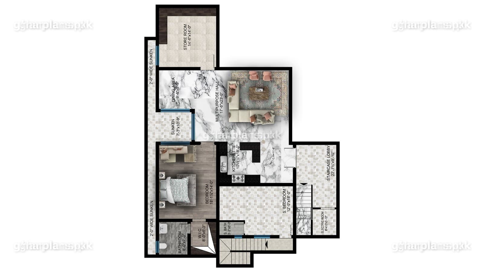 Basement plan of a big house in Pakistan with a multipurpose hall, open kitchen, bedroom with bathroom and servant quarter