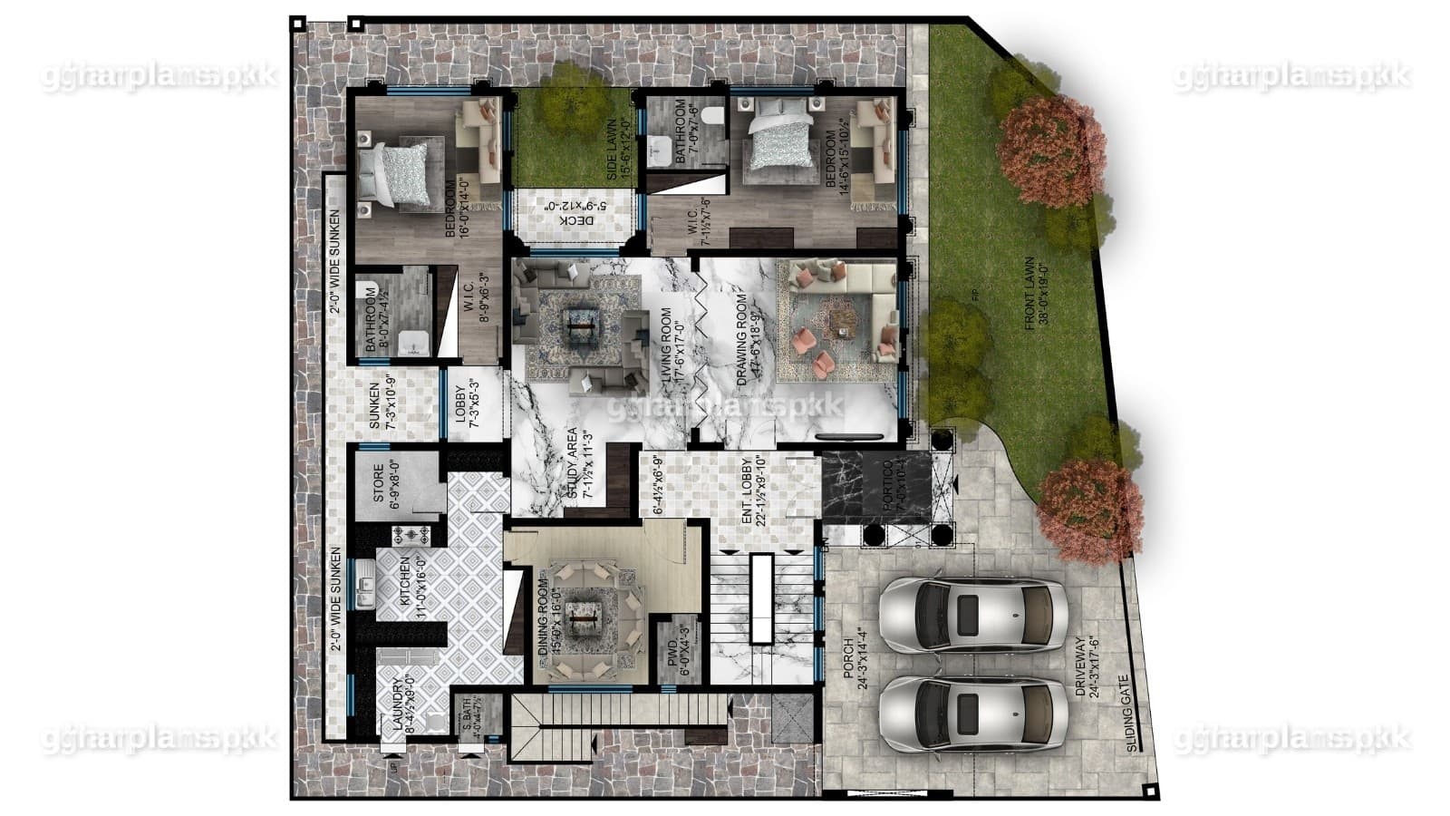 Ground floor plan with drawing and living rooms joined by a folding door, 2 bedrooms with walk-in closets and front and side lawns