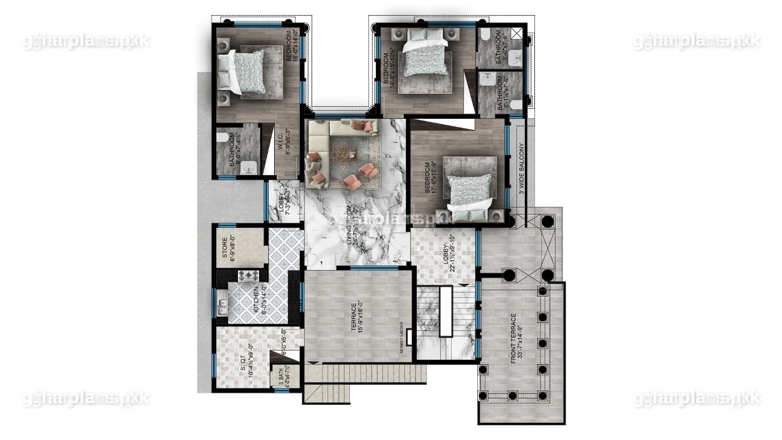 First floor plan of a large house in Pakistan with 3 bedrooms and bathrooms and front and side terraces