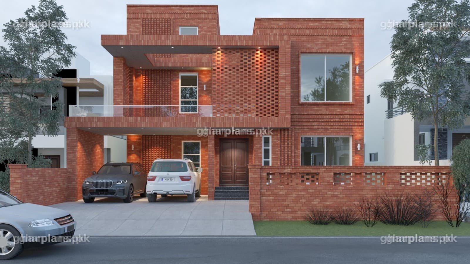 3D front elevation of a 1 kanal gutka house with a gutka brick tile finish on a 50 x 90 plot – Ghar Plans