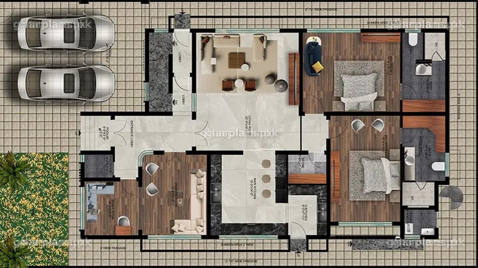 Ground floor plan of a 50x90 house design with 7 bedrooms in total across 3 levels – 1 kanal gutka house by Ghar Plans