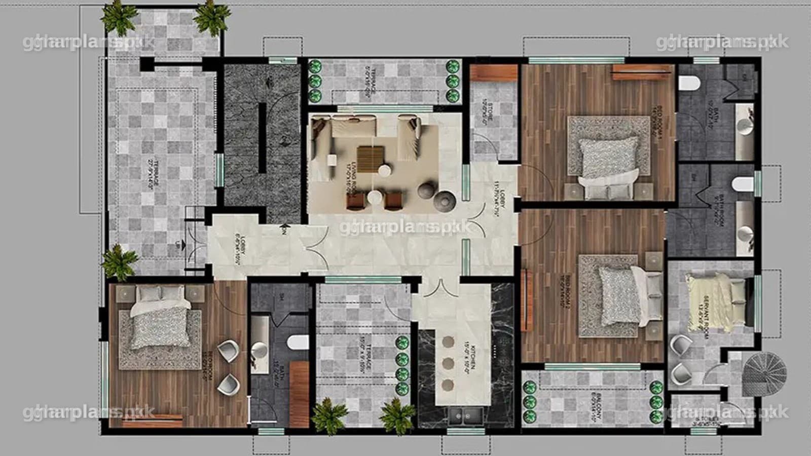 First floor plan of a 1 kanal gutka house on a 50 x 90 plot, the top living level above the ground floor