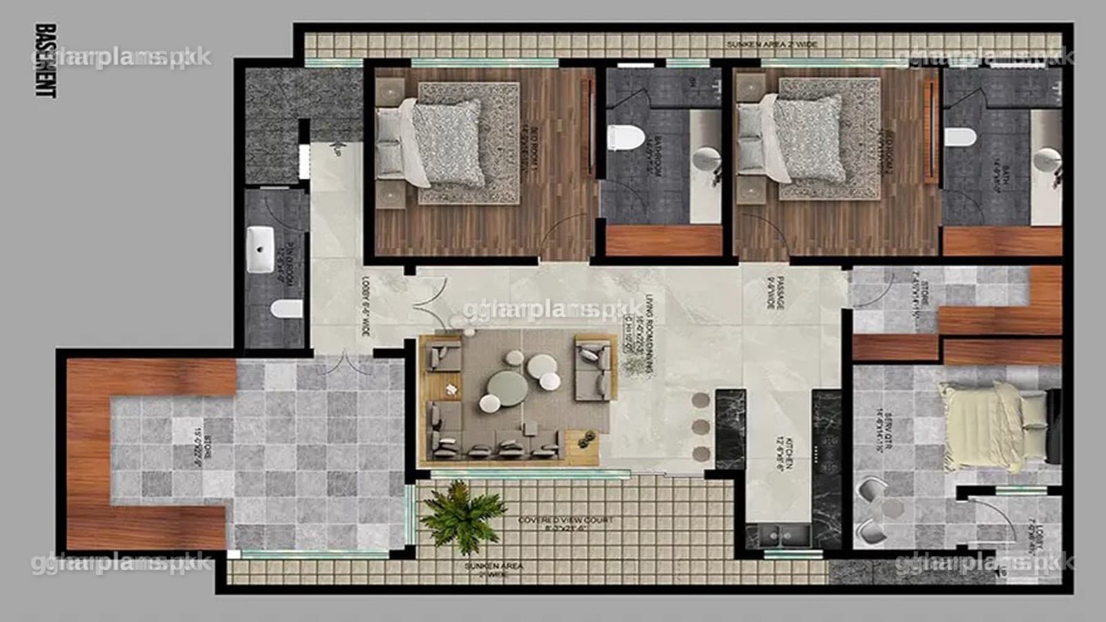Basement layout plan of a 50 x 90 house plan for a 1 kanal gutka house, the extra level below the ground floor