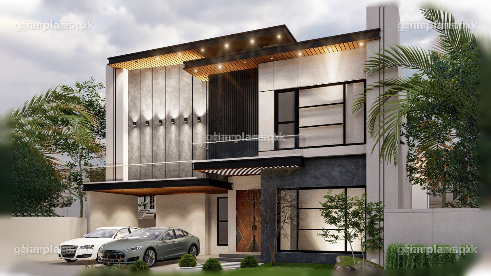 1 kanal house design 3D: a modern two storey home with open plan interiors, 5 bedrooms and 6,219 sq ft – Ghar Plans