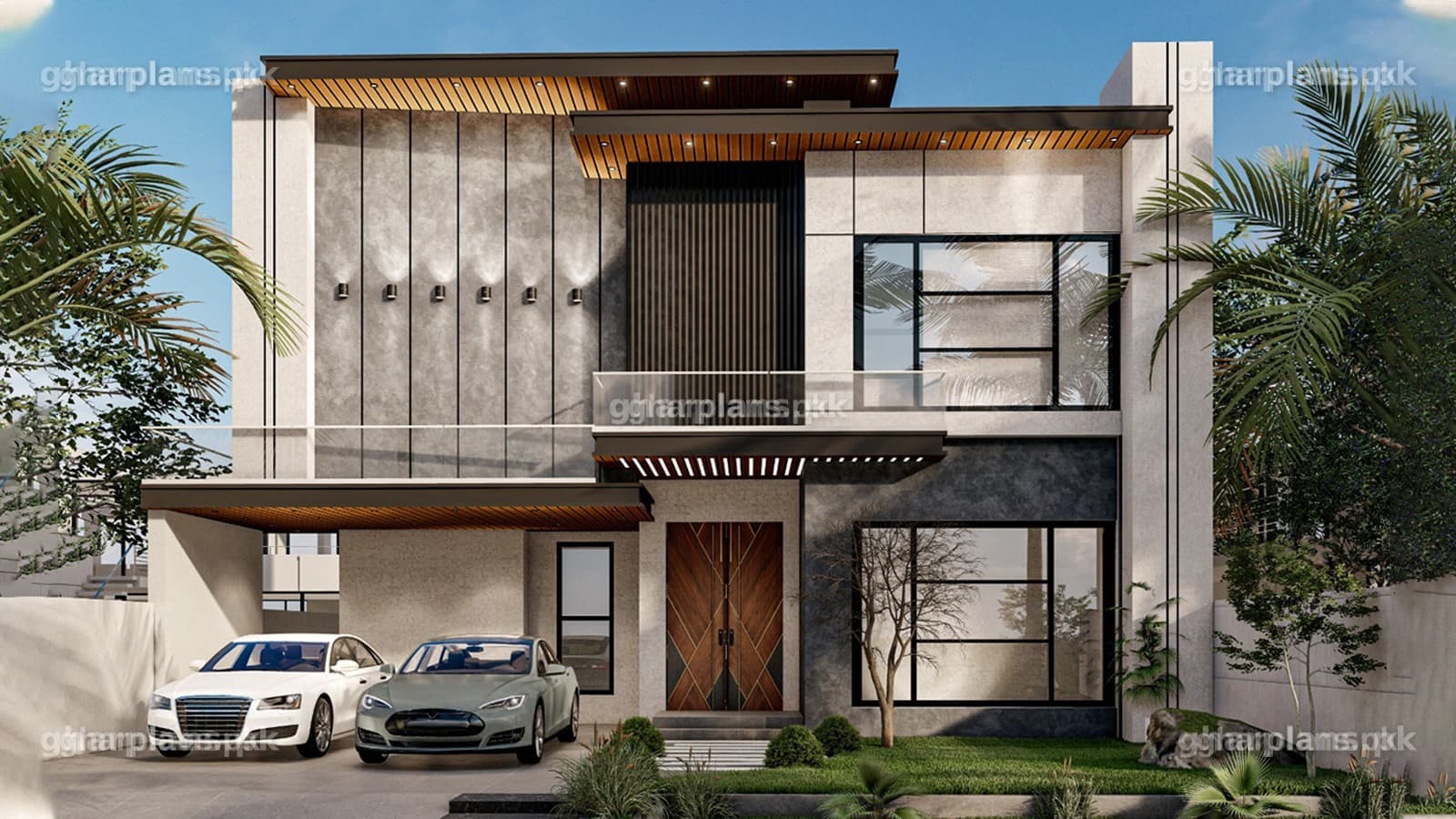 3D view of a modern 1 kanal house front elevation for a 45x106 plot, with a car porch for 2–3 cars and a front garden – Ghar Plans