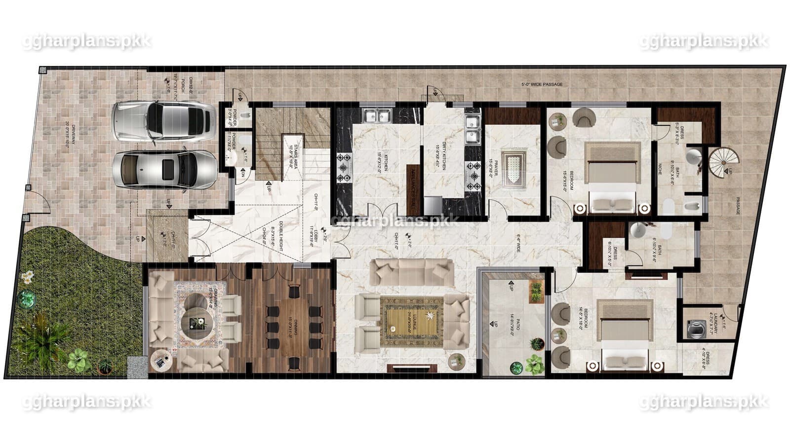 1 kanal house map design, ground floor: car porch, garden, double-height lobby, drawing room, dining, kitchen and dirty kitchen
