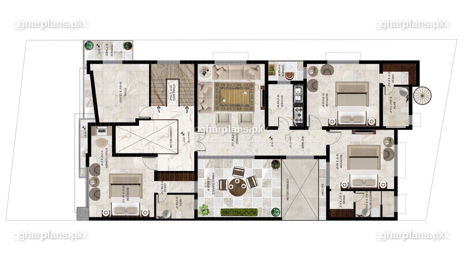 First floor of a modern 1 kanal house plan on a 45x106 plot, with bedrooms and the open void of the double-height lobby