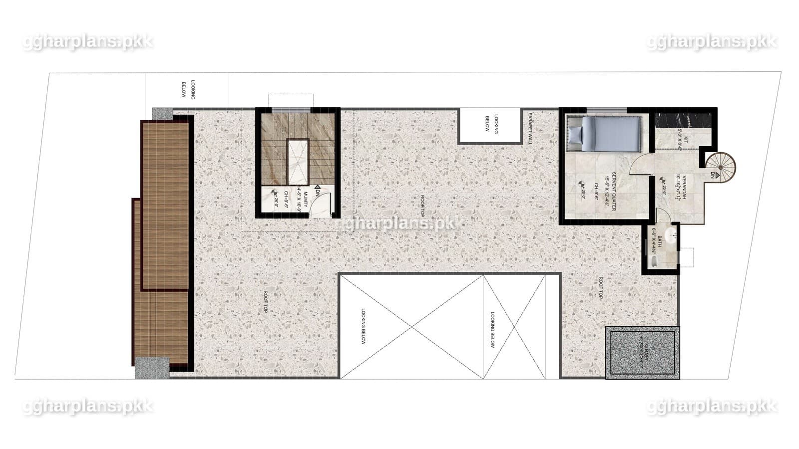 Roof plan of a 1 kanal modern house design with 5 bedrooms on a 44'9" x 106' plot – Ghar Plans