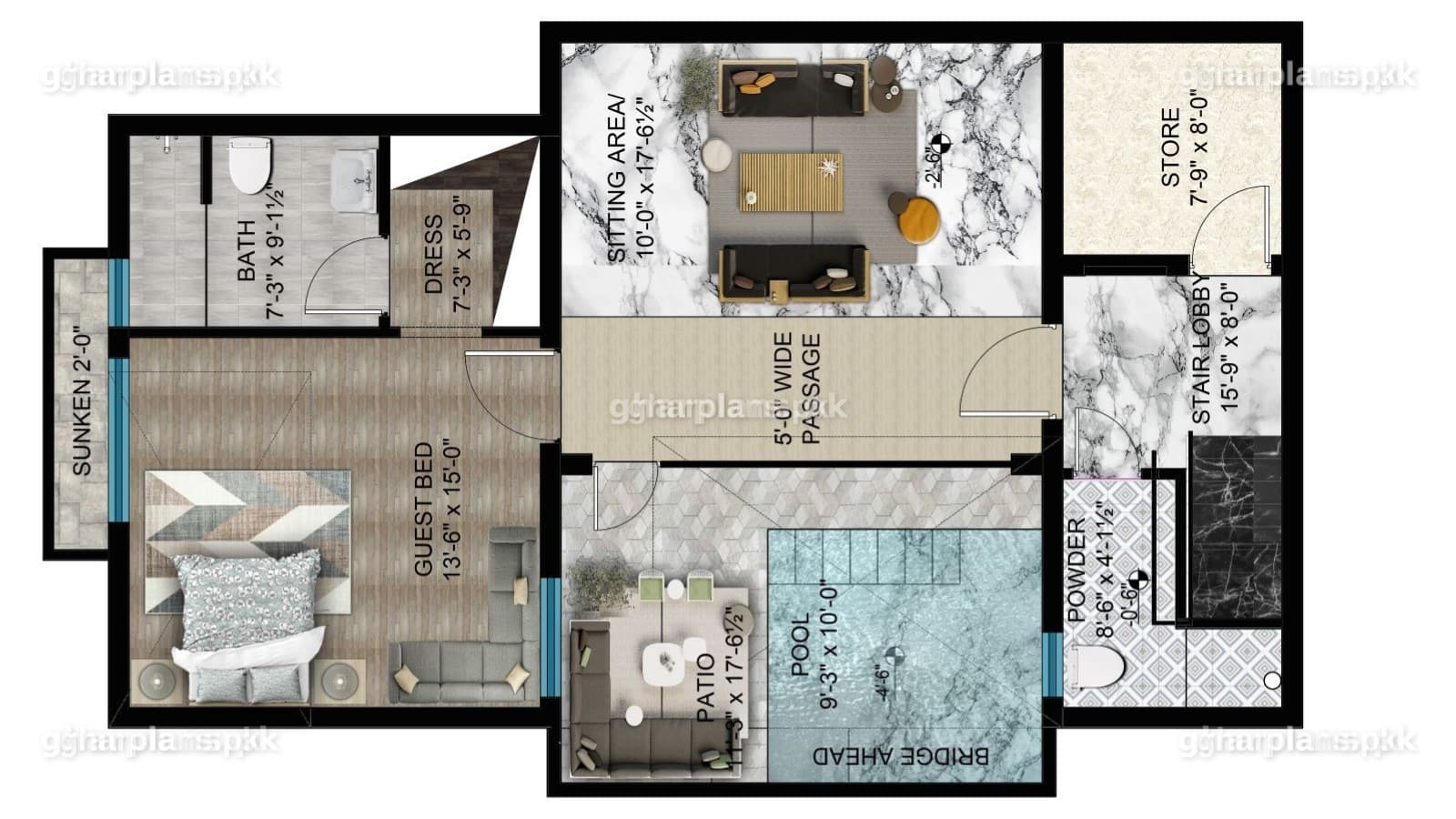 10 marla house with basement swimming pool, indoor and outdoor sitting areas and 1 bedroom with attached bath
