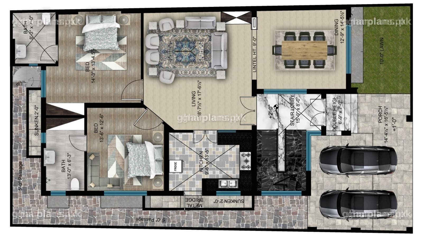 10 marla house plan with basement, ground floor with foyer, 2 bedrooms, living and drawing with archway, kitchen
