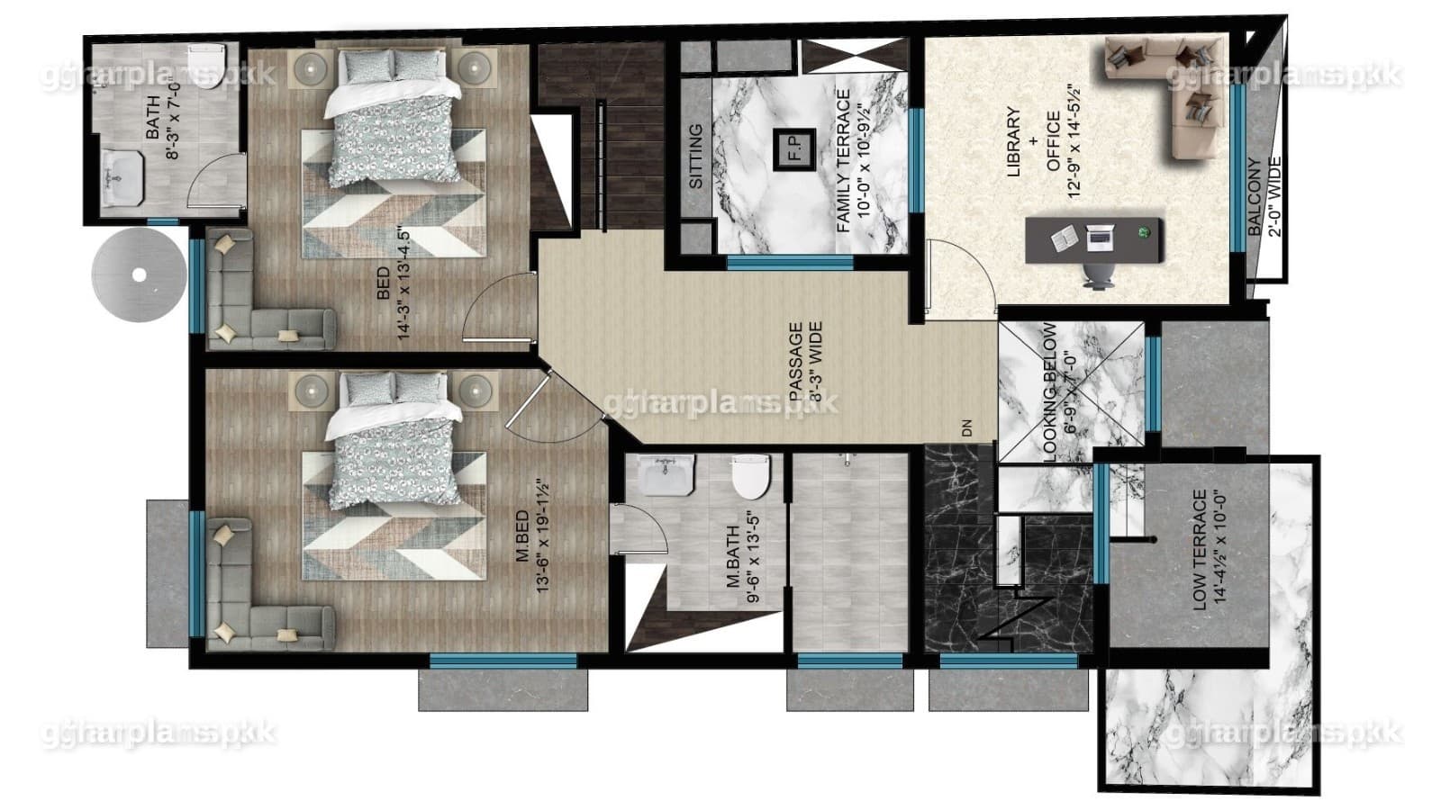10 marla plan first floor with 2 bedrooms, office cum library and side terrace with fire pit and BBQ area