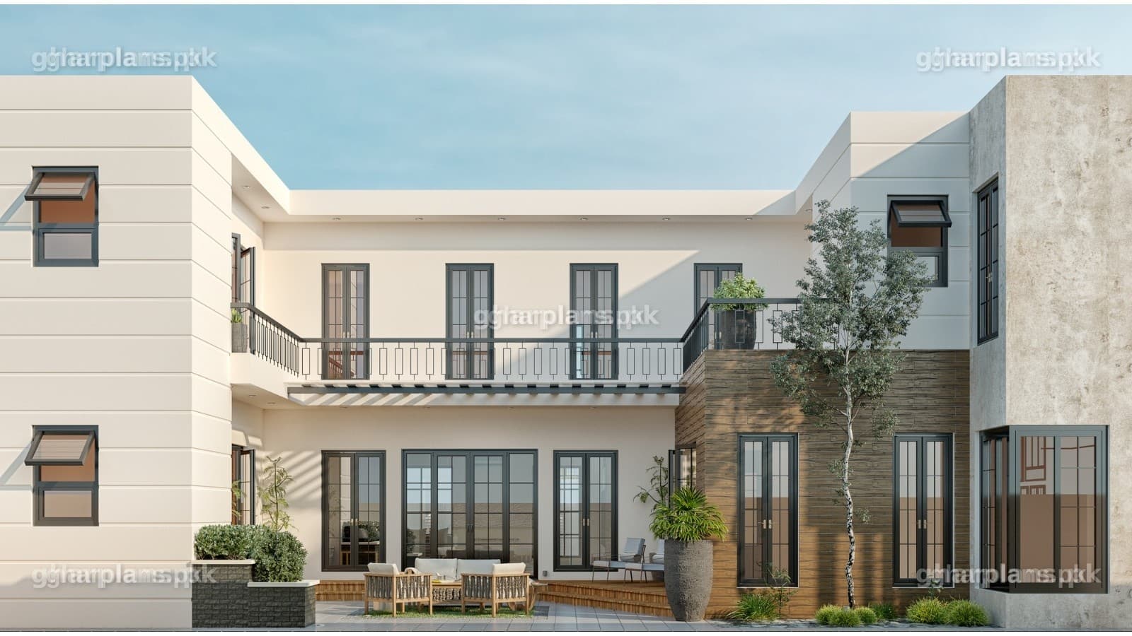 3D view of a modern 32 Marla double story house design in Pakistan with a modern front elevation