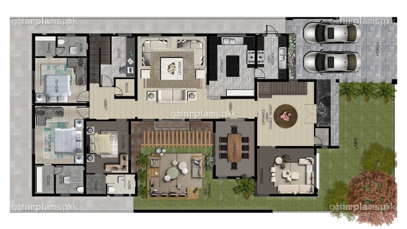 Ground floor plan of a 32 Marla double story house with 3 bedrooms and attached baths, a drawing room off the main lobby, a living room and a closed kitchen