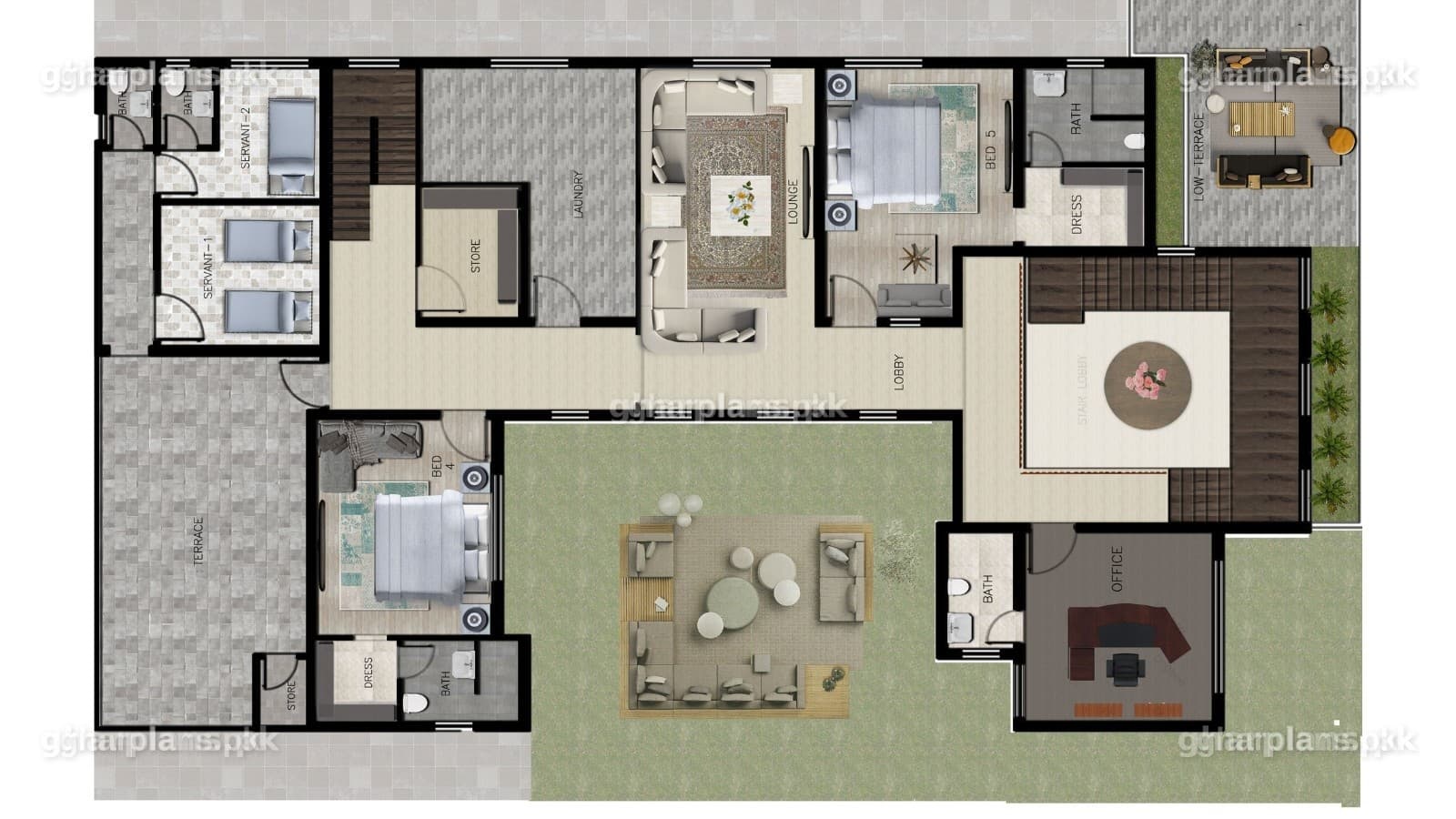 First floor plan of a 32 Marla double story house with 2 bedrooms, attached bathrooms and its own closed kitchen for a second household