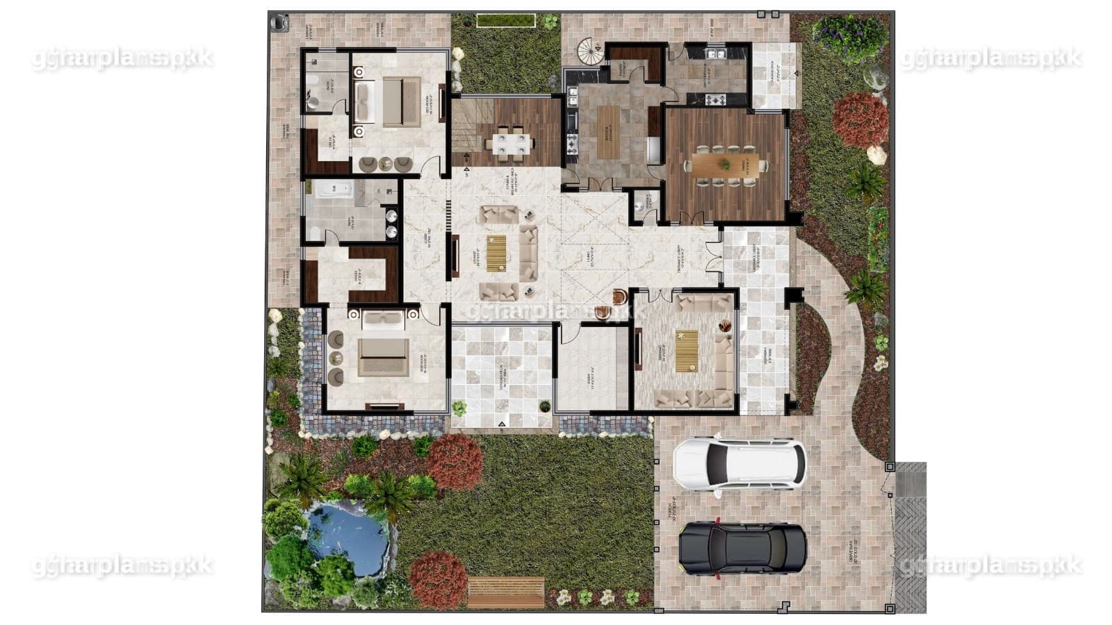 2 kanal house layout plan ground floor with garage, living, dining, kitchen, 2 bedroom suites, guest room and gardens