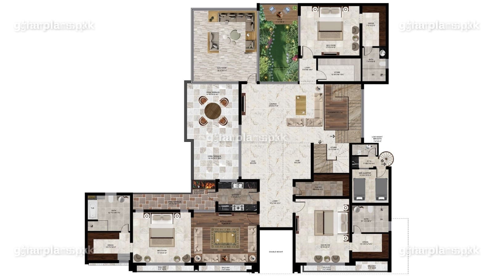 2 kanal house map first floor with foyer, living, dining, master suite, bedrooms, office and balconies