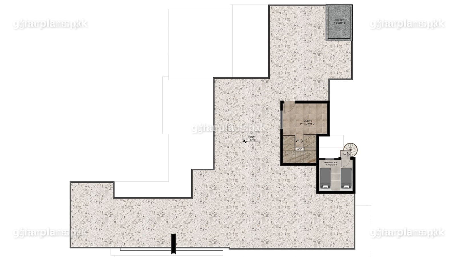 2 kanal house plan roof level with utility room, spiral stair, 2 servant quarters and open terrace