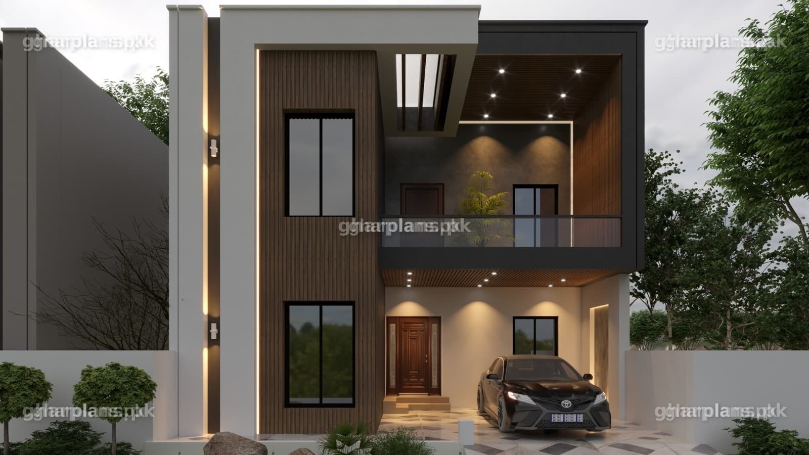 6 Marla front elevation of a modern double storey house in off-white and brown wood texture with car porch and terrace