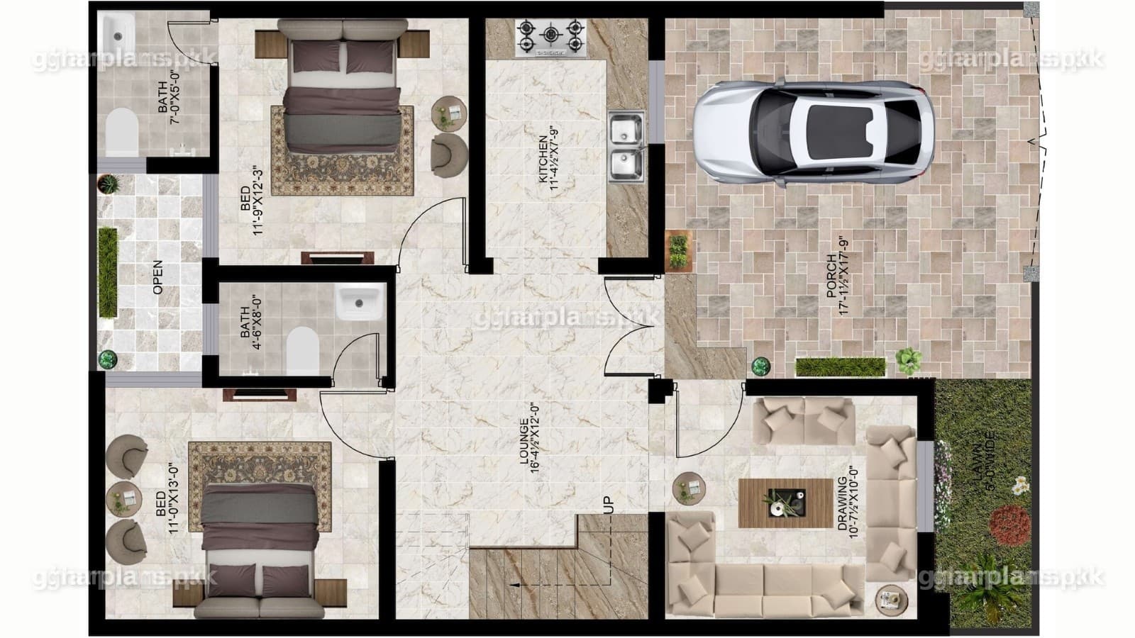 6 Marla house map ground floor plan with 2 bedrooms, open kitchen and living area, drawing room and car porch