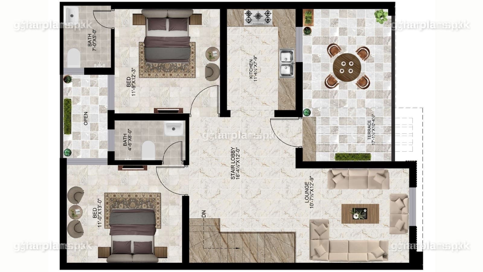 6 Marla ghar ka naqsha first floor plan with 2 bedrooms, attached bathrooms and terrace above the car porch