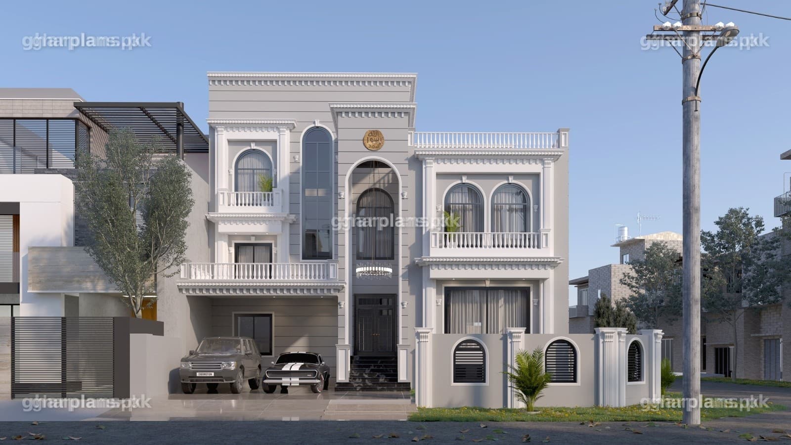 3D front elevation of a Turkish style house on a 50x90 corner plot – 10 bedroom 1 kanal modern house by Ghar Plans