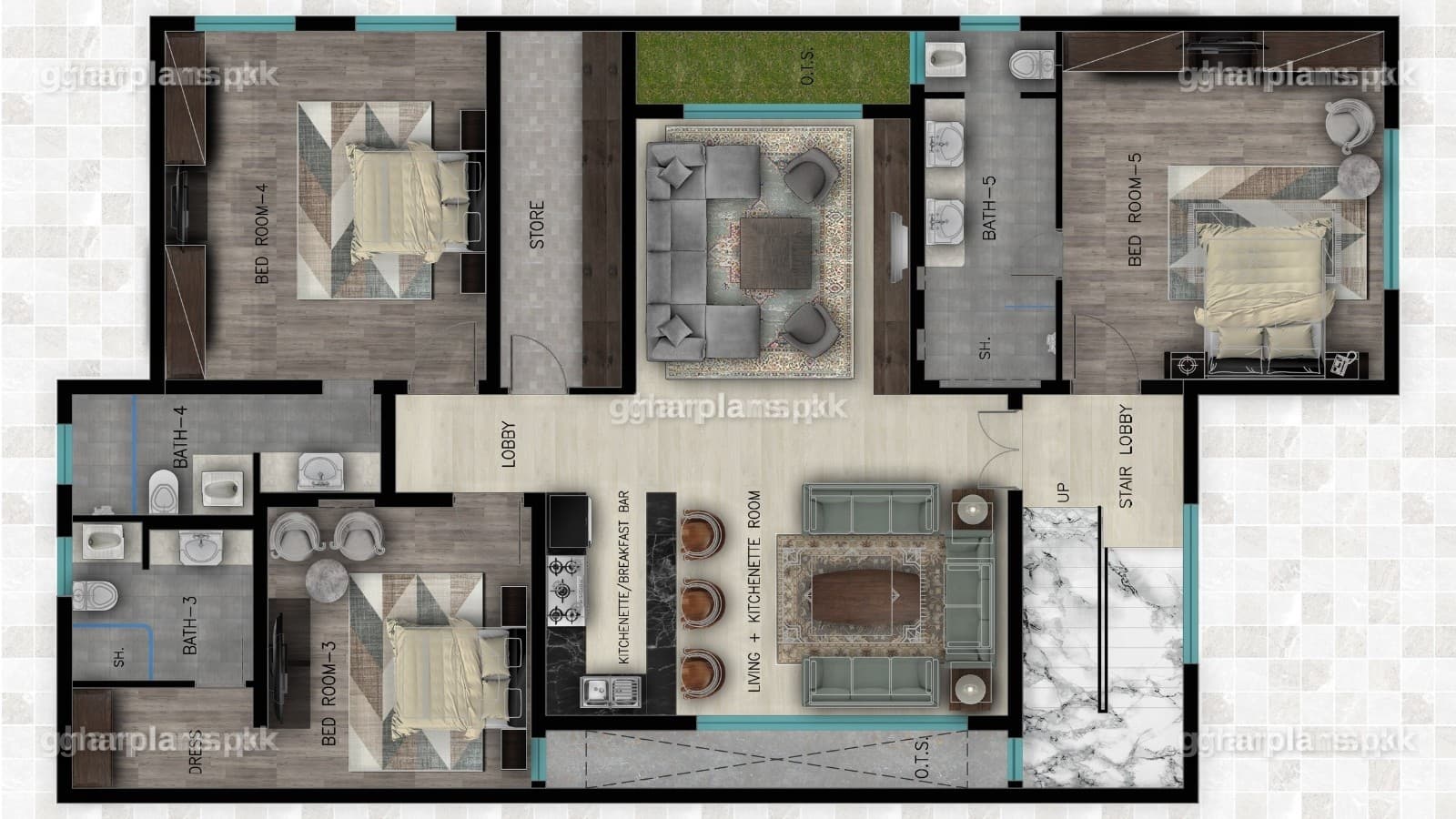 Basement plan of a 10 bedroom house on 1 kanal, with 3 bedrooms, their bathrooms and an open kitchen