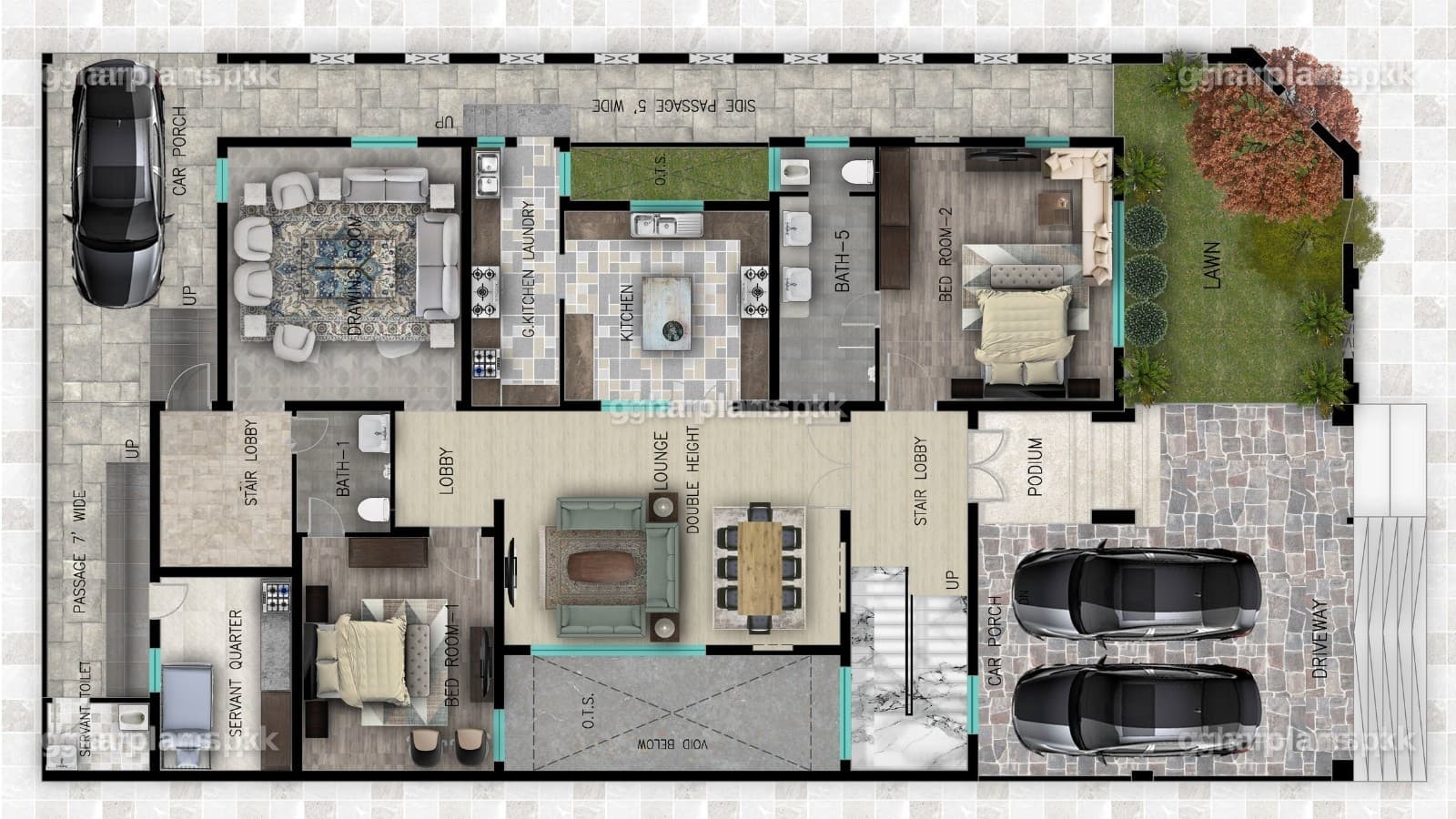 Ground floor plan of a 1 kanal house on a 50x90 corner plot, with 2 bedrooms, attached baths, a living-dining room and a kitchen