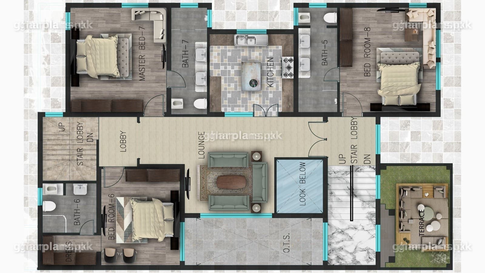 First floor plan of a kanal house design with 3 bedrooms, attached bathrooms, a living-dining room and a large kitchen