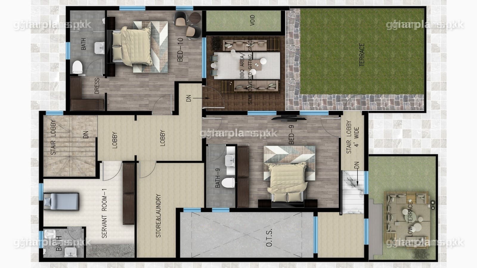 Second floor plan of a 1 kanal modern house with 2 bedrooms and attached bathrooms – Turkish style house by Ghar Plans