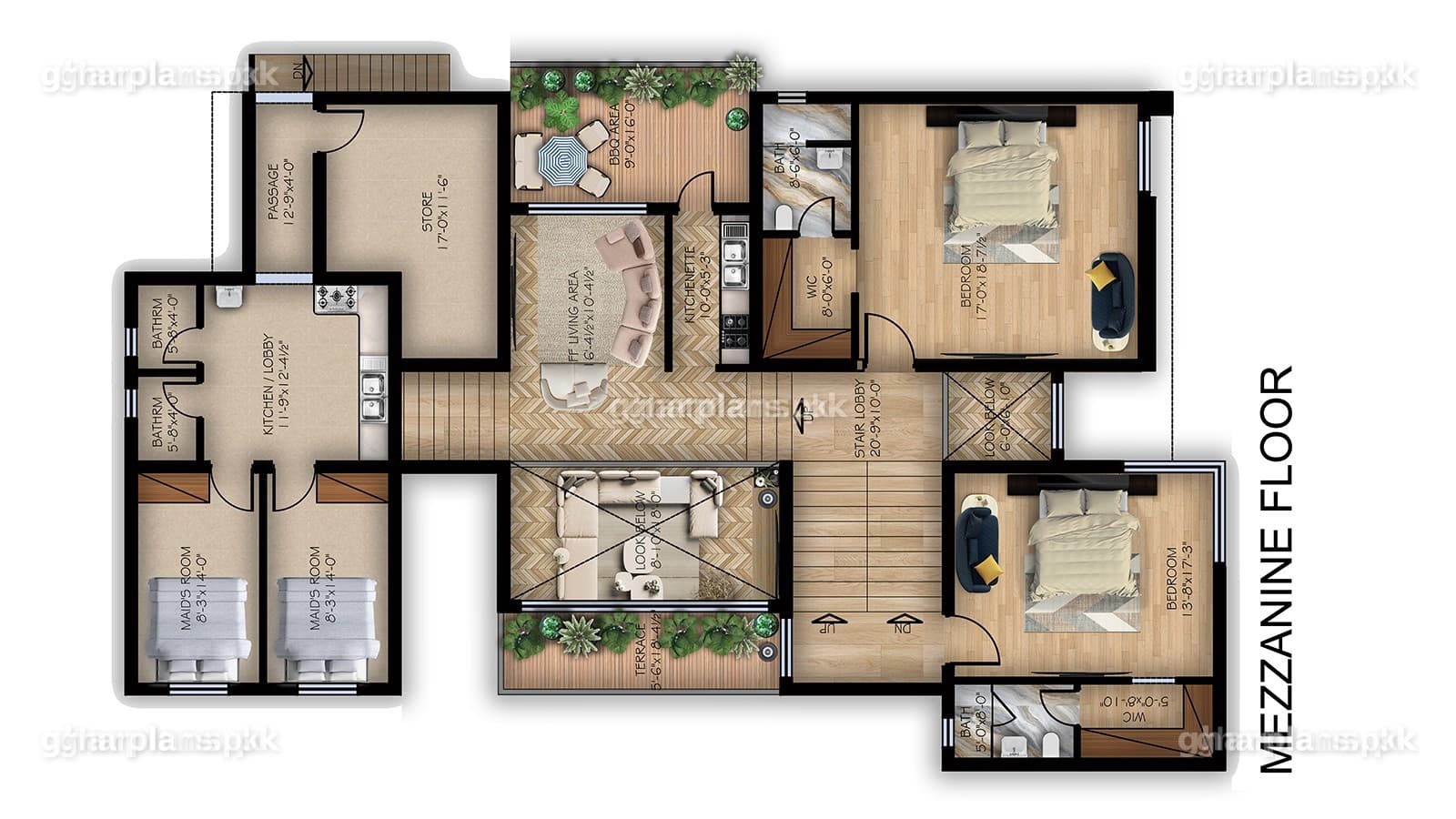 Split level design for houses on 1 kanal plots: 5 bedrooms with attached baths, a terrace, a BBQ area and a sunken area