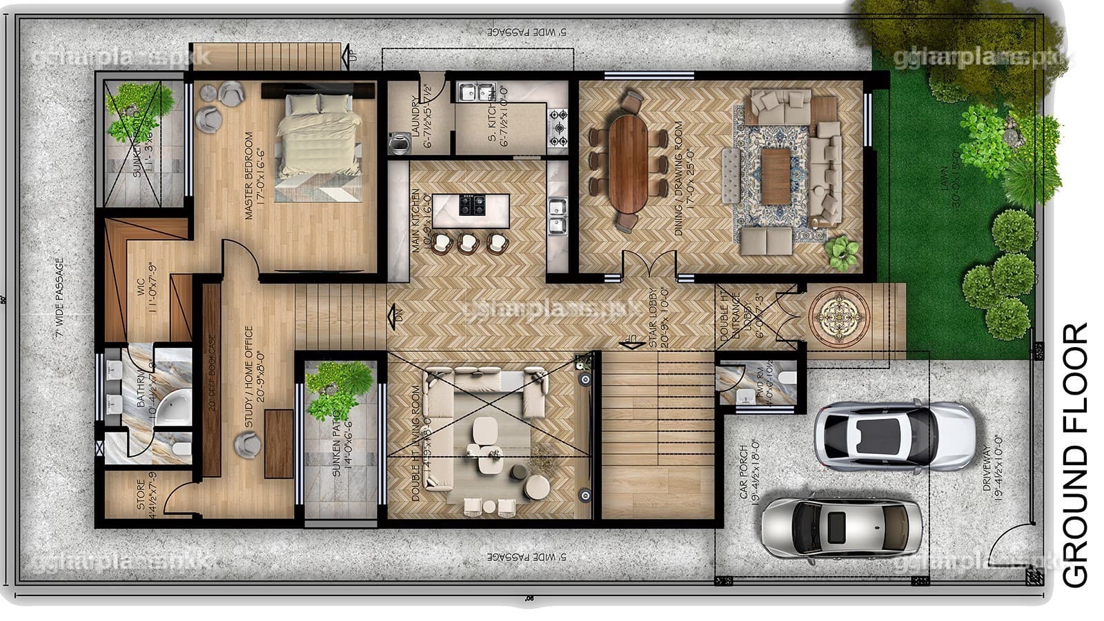 Ground floor plan of a split level 1 kanal house with double-height lobby and living room, kitchens and master bedroom