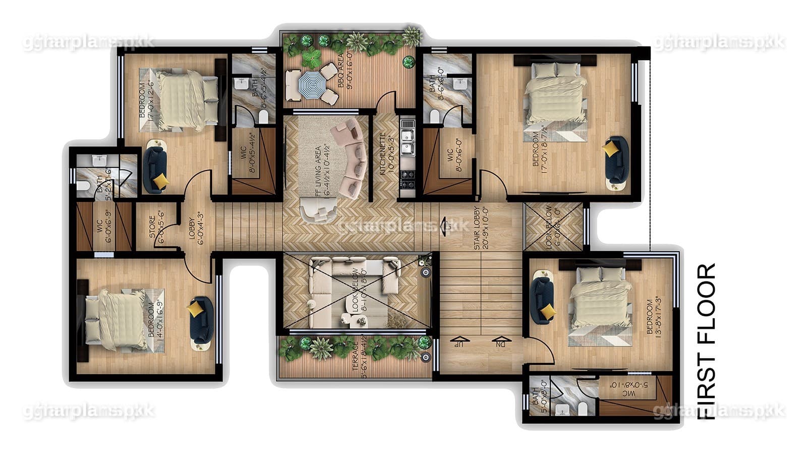 Split level home design in Pakistan by Ghar Plans: 6,000 sq ft over four staggered levels on a 1 kanal plot