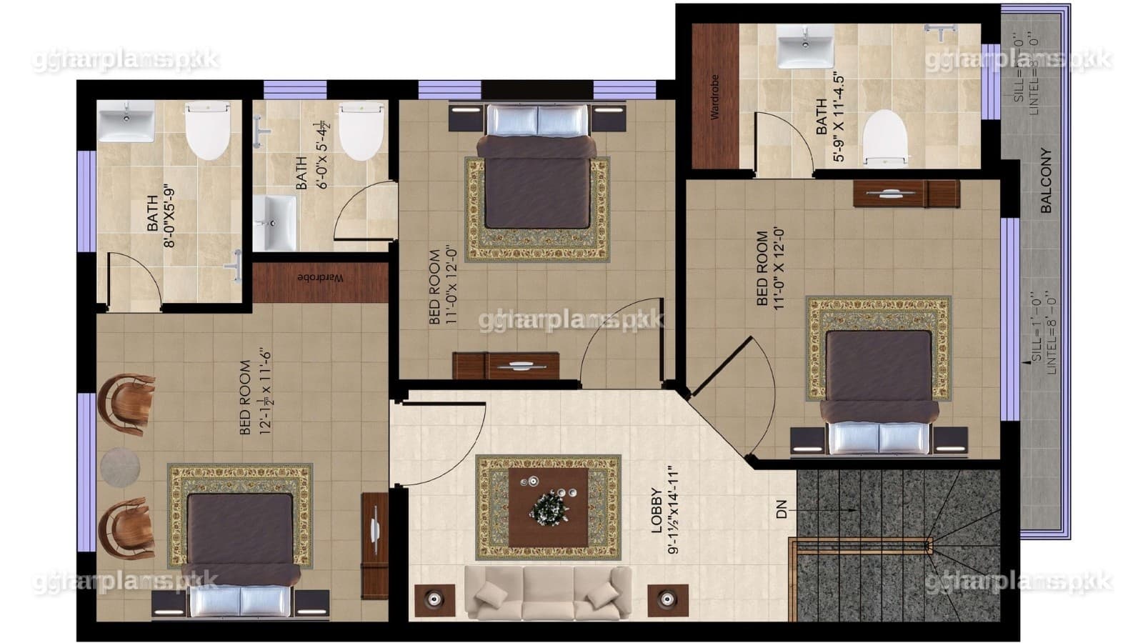 DHA 5 Marla House Map With 4 Bedrooms