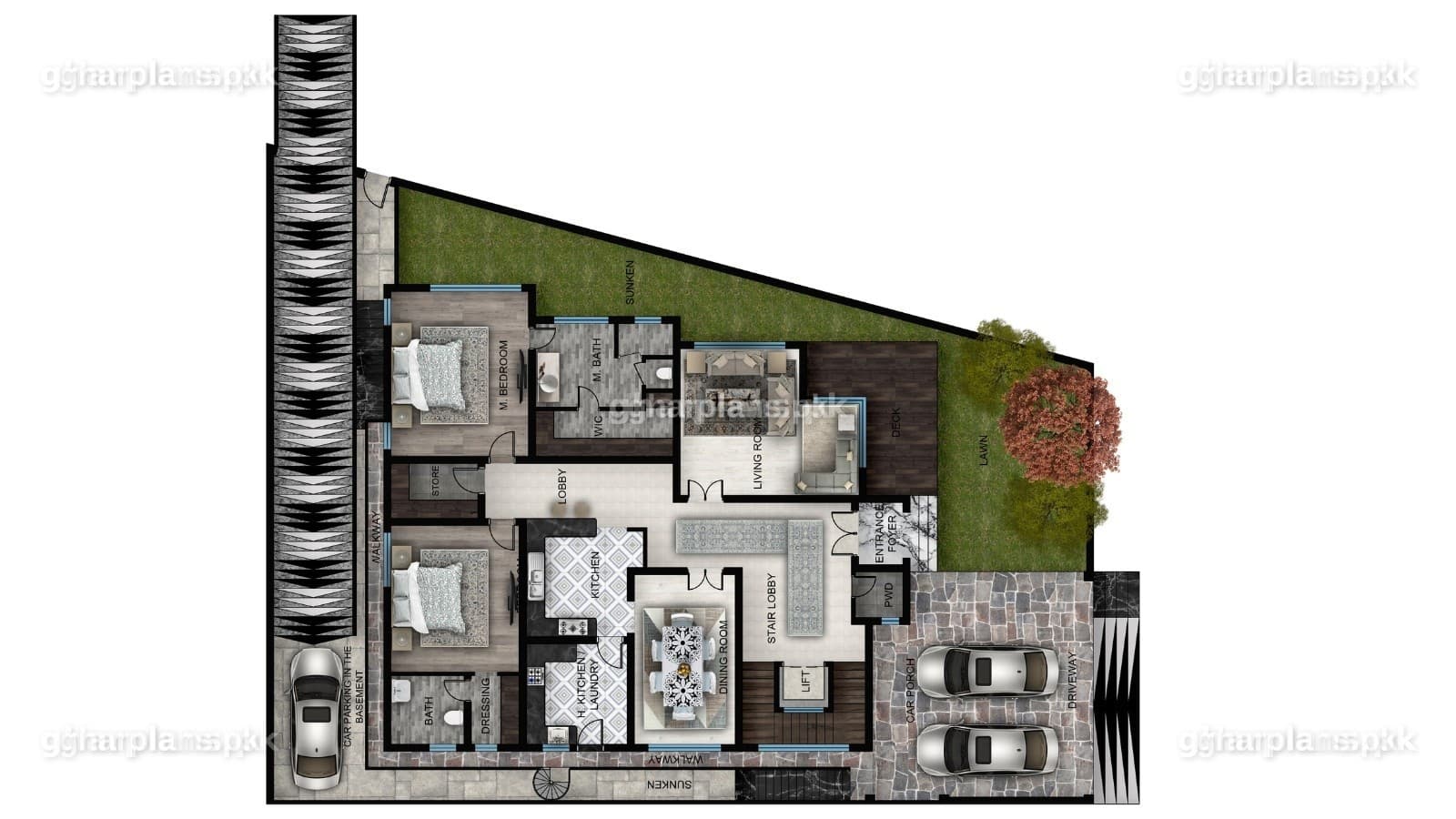 Ground floor plan of a 72 x 90 house designed for two families, part of a basement house design by Ghar Plans