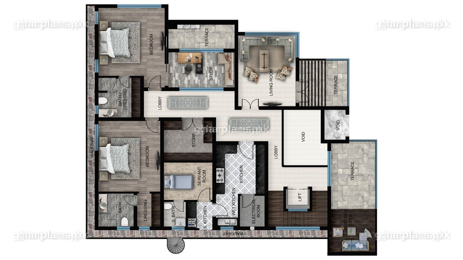 First floor plan of a 6 bedroom 72 x 90 basement house – home building plans with basement for two families