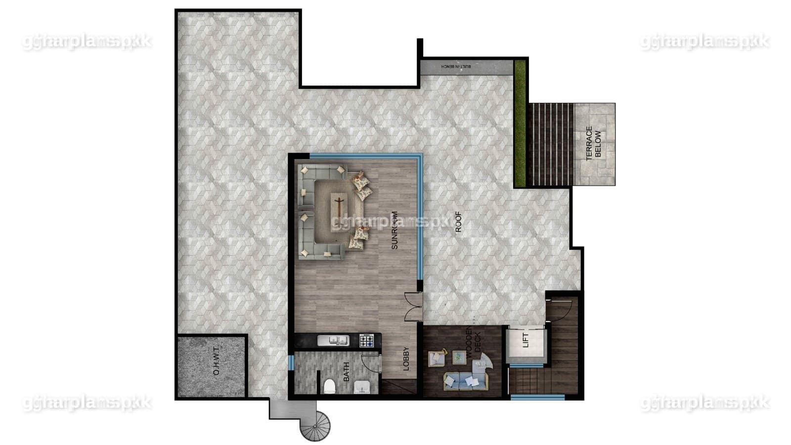 Roof plan of a 72 x 90 basement house with a rooftop BBQ area for family gatherings – Ghar Plans