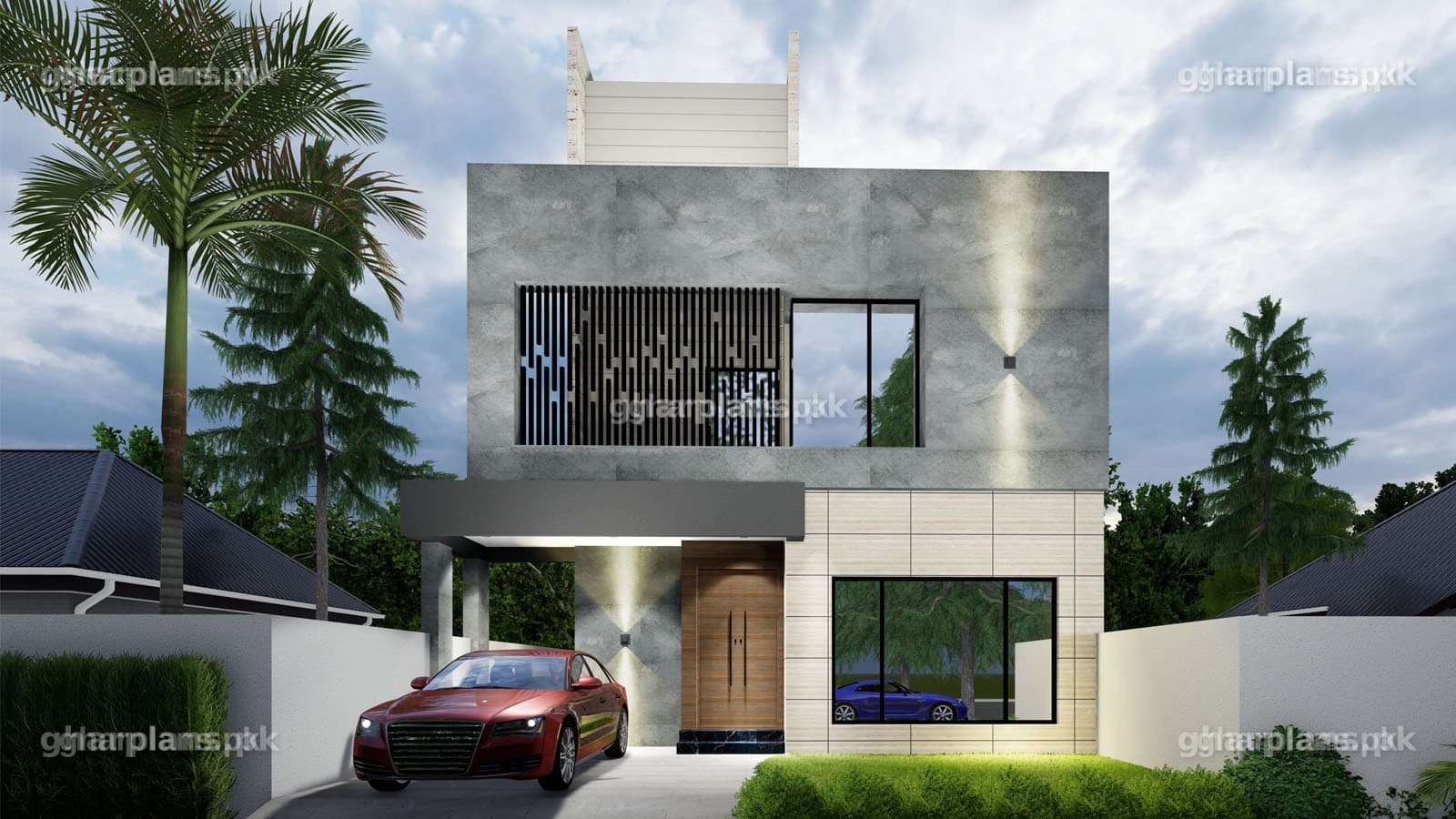 Modern 10 marla front elevation with wood and stone accents on a 30x75 double storey house with mumty – Ghar Plans