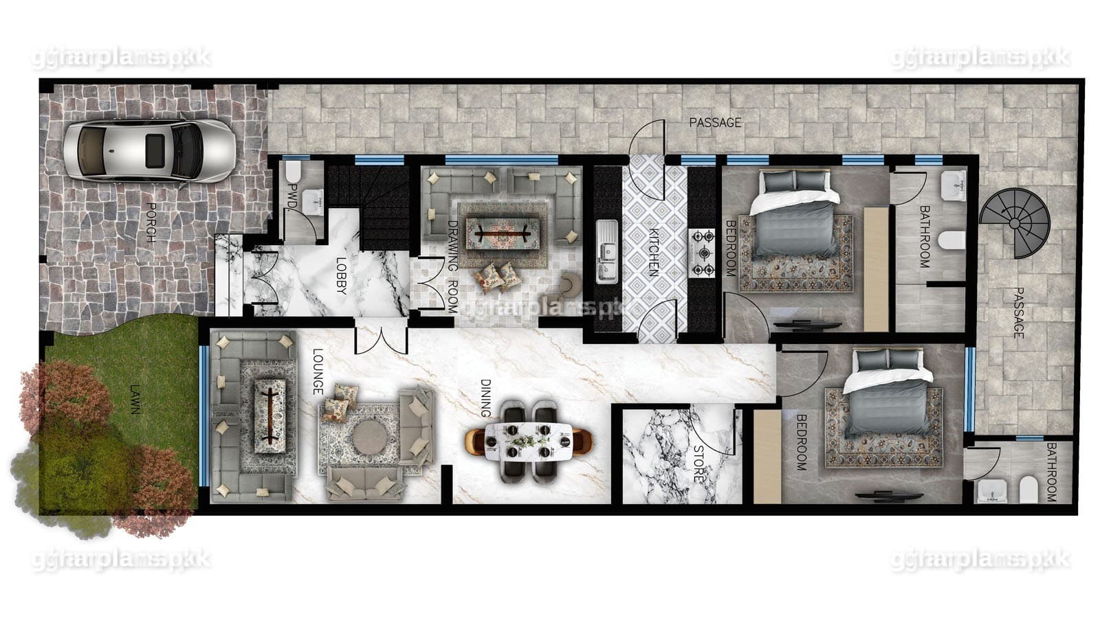 Ground floor of a 10 marla house layout on a 30x75 plot: front parking, drawing room, TV lounge, kitchen and 2 bedrooms