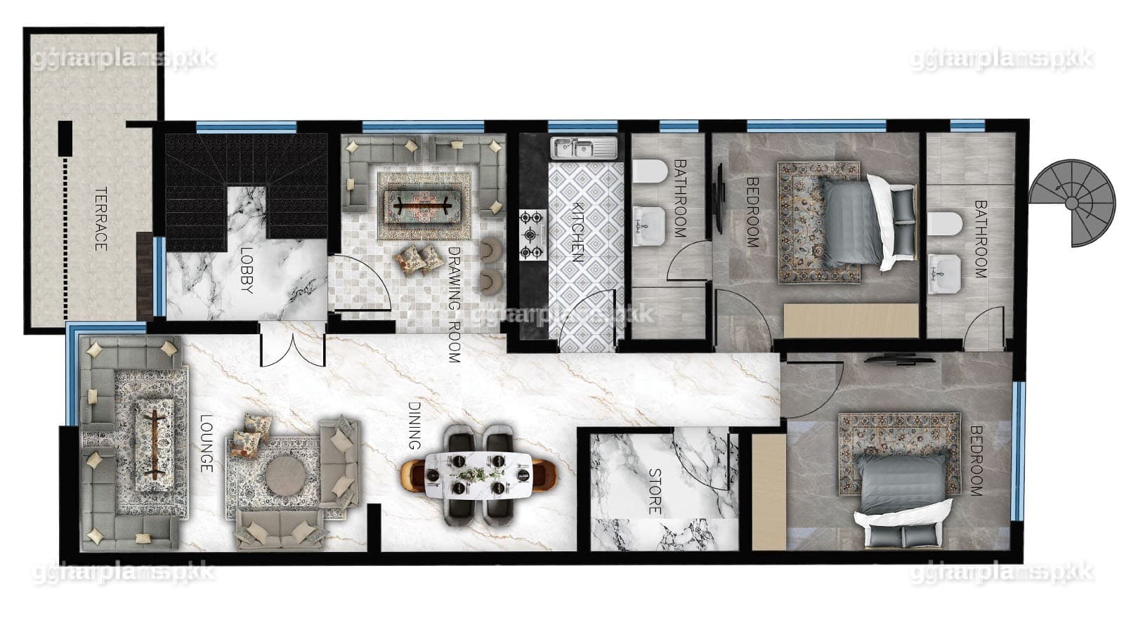 First floor plan of a modern 10 marla house design with 2 bedrooms, on a 30x75 regular plot – Ghar Plans